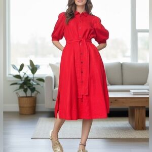 Ann Taylor Vibrant Red Midi Dress Puff Sleeves Belted ShirtDress Linen Blend MP